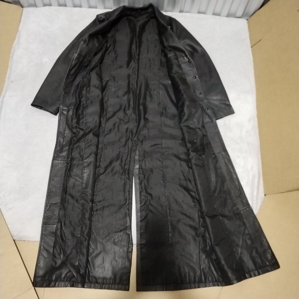 VTG C&A Jacket Women 14 Black Nappa Leather Trench Coat Long Leg Slit Steampunk - Picture 14 of 16